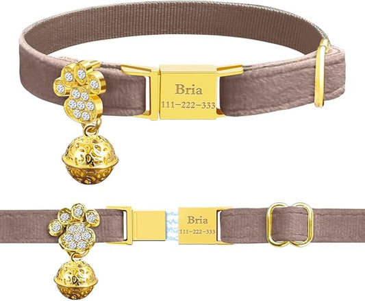 Personalized Breakaway Cat Collars - Magnetic Buckle, Bell - Safety Quick Release, Customized for Girls & Boys Cats- (Velvet-Chocolate)