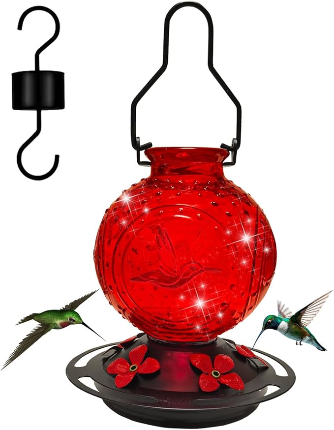 Glass Hummingbirds Feeder for Outdoors Hanging,23 OZ Humming Birds Feeder for Outside,Hummingbird Gifts(Red Bird)