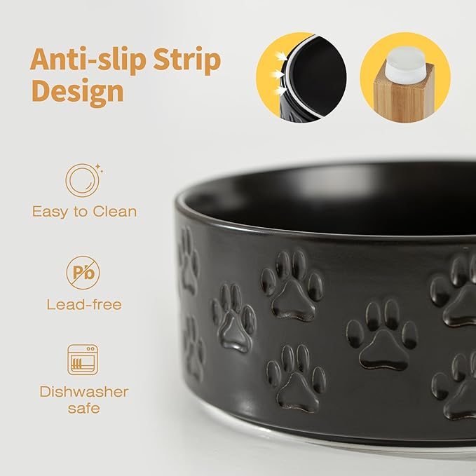 Elevated Ceramic Dog Bowls, 7.3" Dog Dishes with Stand, 5 Cup Elevated Food & Water Bowls for Medium Sized Dogs, Microwave Safe (Double Bowls + Stand - Black, 7.3 inch)