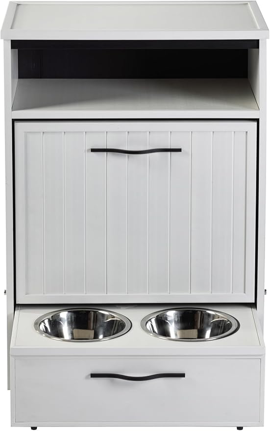 New Age Pet ECOFLEX Dog Food Pantry and Feeding Station - Antique White, Includes 2X 32oz Stainless Steel Bowls, Moisture Resistant, Easy Assembly, Holds 25 lbs of Dog Food