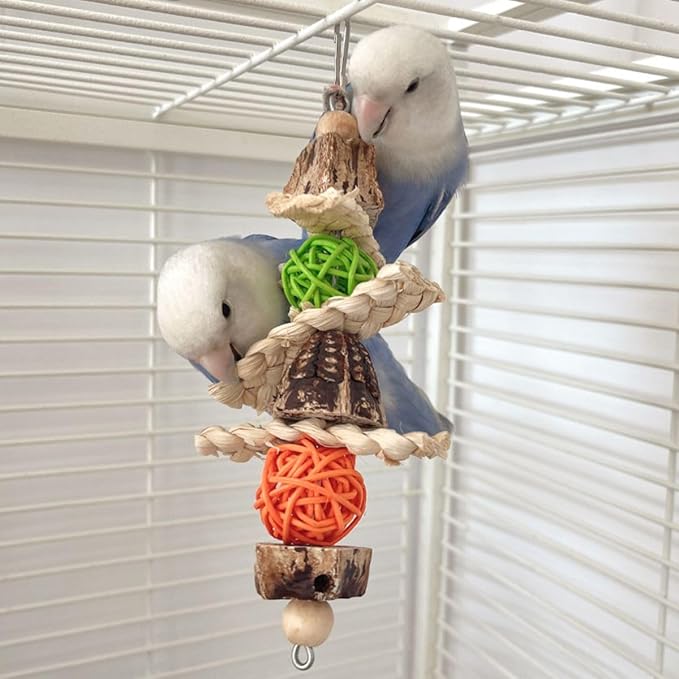 Parrots Chewing Toy Wood Block Nut Rattan Ball Corn Husk with Hanging Hook Entertainment Toy Wood Bird Toy for Parrots Chewing Block Cage Toy Accessories for Cockatiel Parakeets Random Color (1 Pcs)