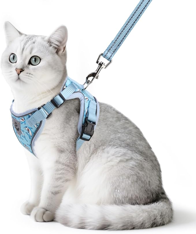 PUPTECK Cat Harness and Leash Set Escape Proof Reflective Cat Walking Harness Adjustable Soft Breathable Mesh Vest for Small Pets, Blue Sharks, S