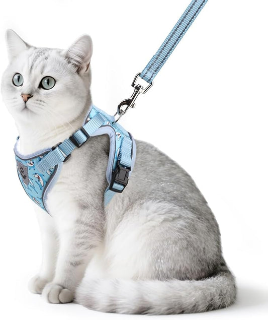PUPTECK Cat Harness and Leash Set Escape Proof Reflective Cat Walking Harness Adjustable Soft Breathable Mesh Vest for Small Pets, Blue Sharks, S