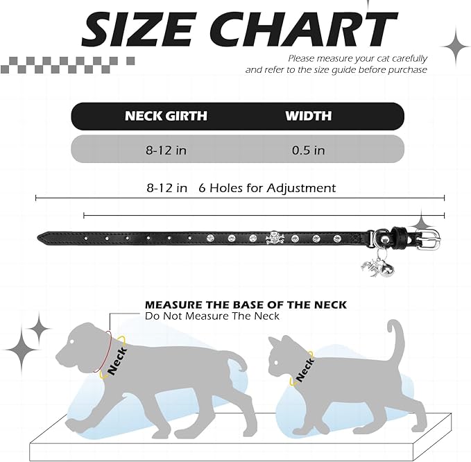 EXPAWLORER Halloween Leather Cat Collar - Adjustable Pet Collar with Rivet Spike for Girl Boy Cats, Punk Accessories with Bell & Durable D-Ring,White Diamond Skull