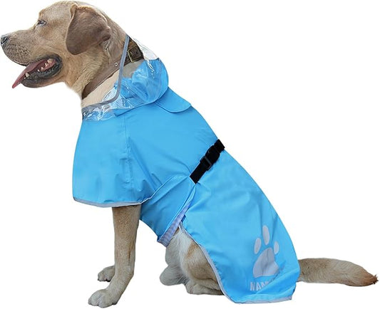 Waterproof Dog Raincoat, Reflective Adjustable Hooded Dog Rain Coat, Lightweight Breathable Pet Rain Jacket Poncho Double Layer with Leash Hole for Small Medium Large Dogs (Blue, Medium)