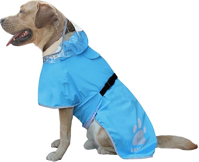 Waterproof Dog Raincoat, Reflective Adjustable Hooded Dog Rain Coat, Lightweight Breathable Pet Rain Jacket Poncho Double Layer with Leash Hole for Small Medium Large Dogs (Blue, Large)