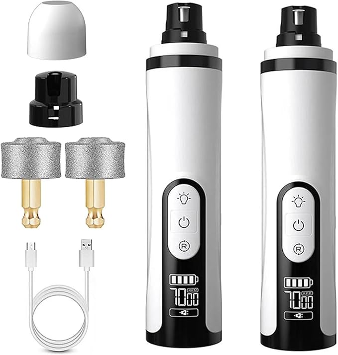 Upgrade Heusom Groom Pro Nail Grinder Cordless with LED Light & 3 Speeds, Dog Cat Nail Trimmer 2000mAh Long-Lasting Battery for Thick Nails for Dogs and Cats (2 Pc+2 Heads)