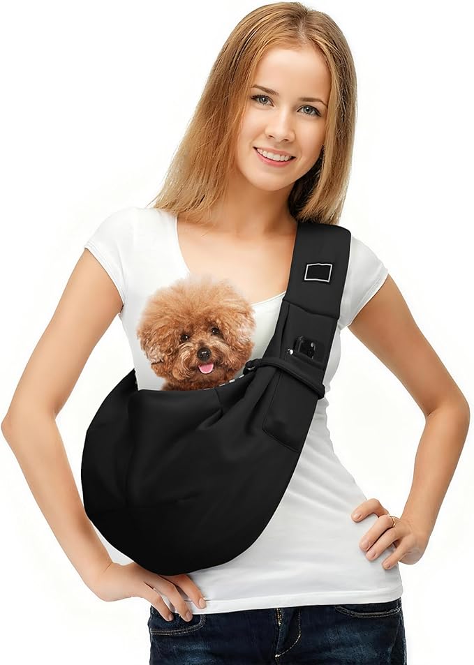 Hands-Free Dog Sling Carrier for Small Pets (5-15 lbs) - Adjustable Ergonomic Chest Carrier, Anti-Slip Design with Breathable Mesh - Reduce Back Pain & Pet Anxiety (Black)