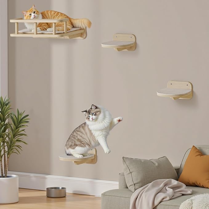 MeowHomm Cat Wall Shelves, Wood Cat Shelf with 3 Steps, Non-Slip Wall-Mounted Furniture for Kittens
