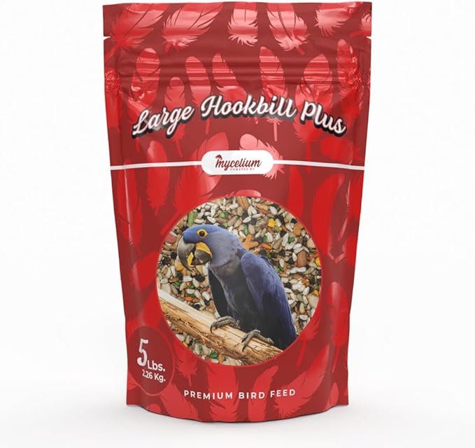 Mycelium Large Hookbil Plus | Clean & Safe Bird Food for Macaws, Cockatoos, Amazons | High in Protein & Fat | Seed Mix with Vitamins, Egg, Corn, Peanuts & Hemp Seed | Organic, Non-GMO 5 lb Bag
