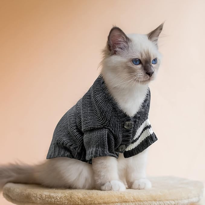 EXPAWLORER Cat Sweater Cardigan - Stylish Knitted Cat Clothes, British Style Soft Puppy Sweater with Sleeve Warm Pet Clothing Knitwear, Fall and Winter Kitten Coat for Girl Boy Cats, Grey Medium