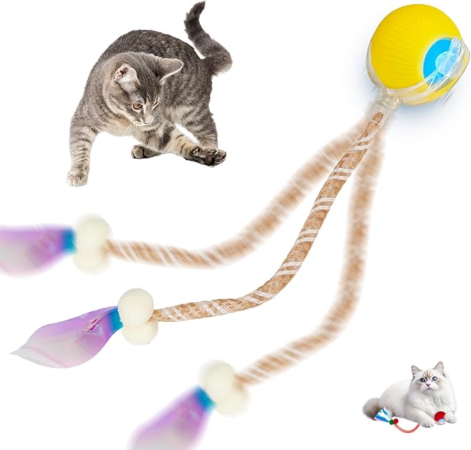 Interactive cat Toy cat Toys for Indoor Cats Agile Moving Cat Ball with Elastic Mesh Tail Automatic Kitten Toys Motion Activated Ball (Yellow)