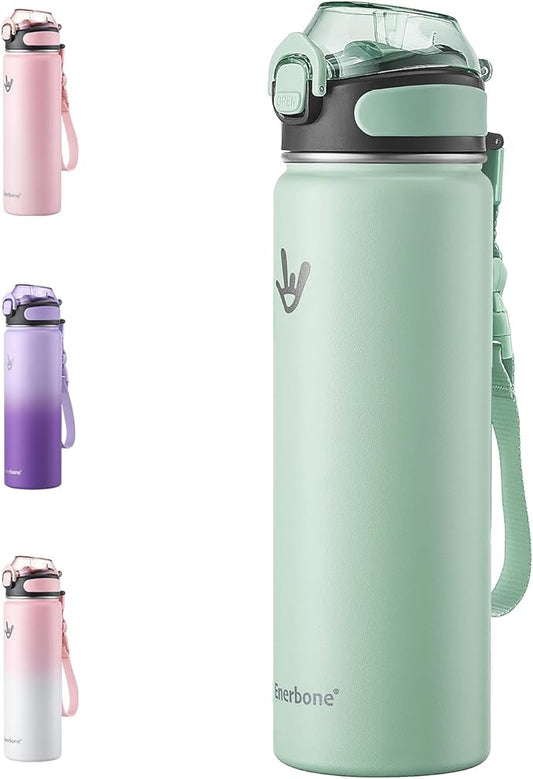 Enerbone 24 oz Insulated Water Bottle, Stainless Steel Bottle with Carrying Strap, Double-Wall Vacuum Insulation Design, Leakproof Sports Bottle with Straw, Keep Drinks Cold or Hot for Hours