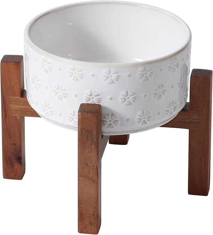 Ceramic 6.1inch Raised Dog and Cat Bowl Set, 2 Heights Elevated with Acacia Wood Stand, Food and Water Bowl for Small Breed Dogs, Weighted Dog Dishes(27oz, Arctic White)