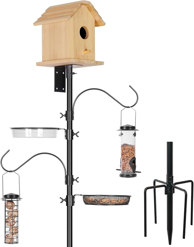 ERYTLLY 2-Hooks Bird House Pole Stand Kit 80 Inch Multi Feeders, Bird Bath, Feeder Tray - Heavy Duty Bluebird Feeder Support Rod Mount Set for Outdoor