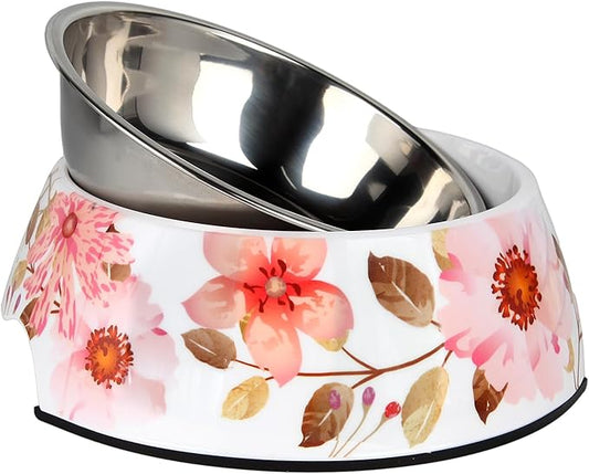 2 in 1 Food Water Bowls - Non Slip Skid Proof Heavy Duty Pet Bowls for Feeding Drinking Small Medium Large Dogs Cats Puppies (Pink Flower, L:28 OZ)