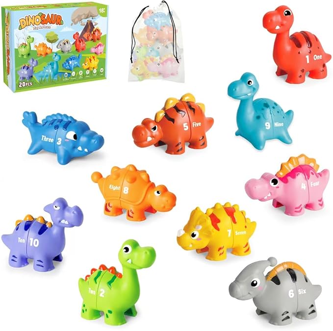 20 PCS Dinosaur Number Learning Toys for Toddlers Kids 3-5, 10 Different Dinosaur Figures, Double Sided Number Matching Game, Preschool Activities Montessori Fine Motor Toys for Toddlers Kids