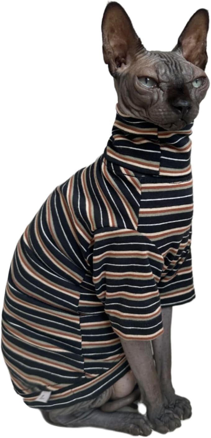 Vintage Stripes Sphynx Hairless Cats Shirt Cotton Cat Turtleneck Pet Clothes Kitten T-Shirts with Sleeves for Sphynx Cats (Vintage Black, XX-Large)