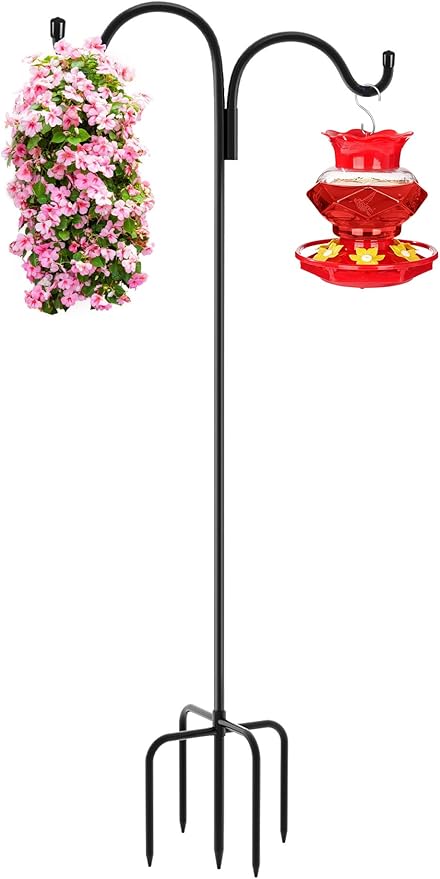 Gtongoko Double Shepherds Hook for Outdoor, 92 Inch Bird Feeder Pole with 5 Prongs Base, 5/8 Inch Thick Heavy Duty Adjustable Garden Hook for Hanging Plant, Lantern, Hummingbird Feeder, 1 Pack