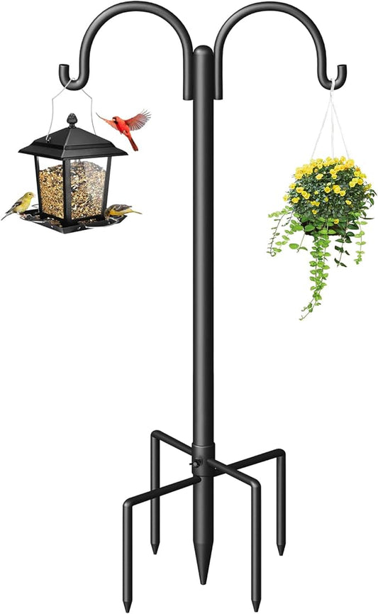 Double Shepherds Hooks for Outdoor, Heavy Duty Bird Feeder Pole with 5-Prong Base - Rust-Proof, Adjustable Bird Feeder Hanger for Garden, Wedding Decor & Hanging Plants