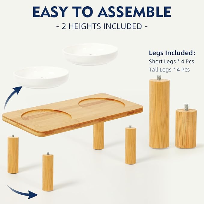 Elevated Cat Bowls for Indoor Cats – Raised Bamboo Cat Food Table with 2 Ceramic Dishes, Adjustable Height (4.25"/3.07"), Whisker Friendly Feeding Station