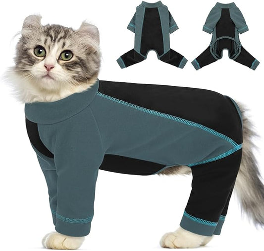 SUNFURA Hair Sticky Cat Clothes, Cat Sweater for Cats Only, 4-Legged Fleece Sweaters Kitten Pajamas Reduce Shedding Fur, Warm Pullover Shirts for Cats, Green XL