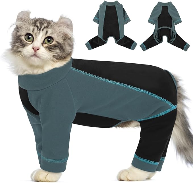 SUNFURA Hair Sticky Cat Clothes, Cat Sweater for Cats Only, 4-Legged Fleece Sweaters Kitten Pajamas Reduce Shedding Fur, Warm Pullover Shirts for Cats, Green S