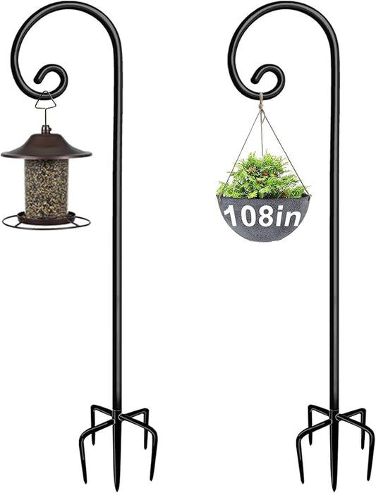 Outdoor Shepherd Hooks 108 inch Tall for Bird Feeder (2 Packs), Adjustable Metal Garden Poles for Hanging Plants Solar Light Lantern, Bright Black