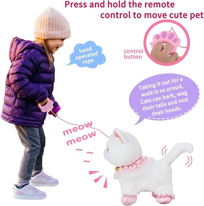 Interactive Electronic Plush Toy Walking and Barking Robot Cat Plush Cat Remote Control Kitten for Girls (White Cat)