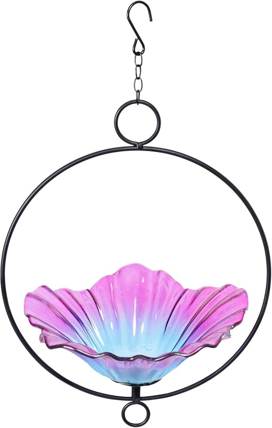 MUMTOP Hanging Bird Bath-Bird Baths for Outdoors - Flower Glass Bird Water Bowl with Hanging Circle, Bird Feeders for Outside, Garden, Lawn Yard Decor（Pink）