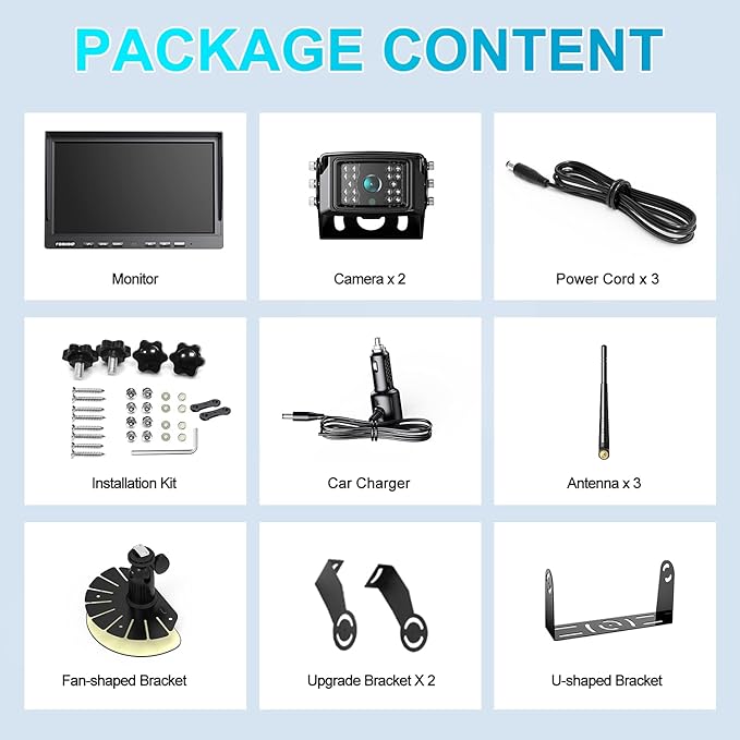 Fookoo 1080P 10" Wireless Backup Camera System, 10" Dual/Quad Split Monitor with Recording, IP69 Waterproof Rear/Front View Cameras, Parking Lines for RV/Truck/Trailer/Van(DW102)