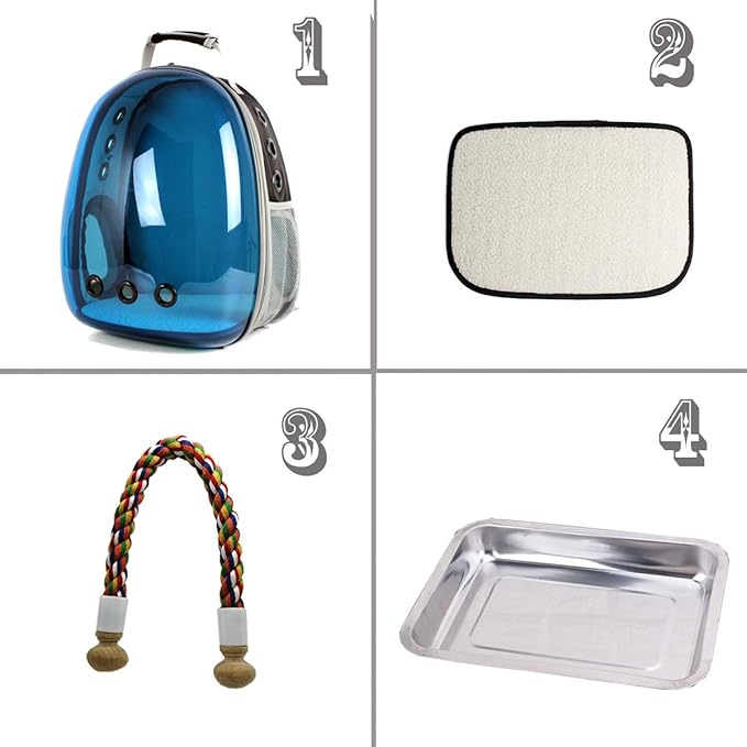 Bird Traval Carrier Cage, Polarized Tinted Blue Space Capsule Astronaut Backpack to Carry Parakeet Cockatiel Parrot with Metal Tray Wood Perch, Vet Transport Bag