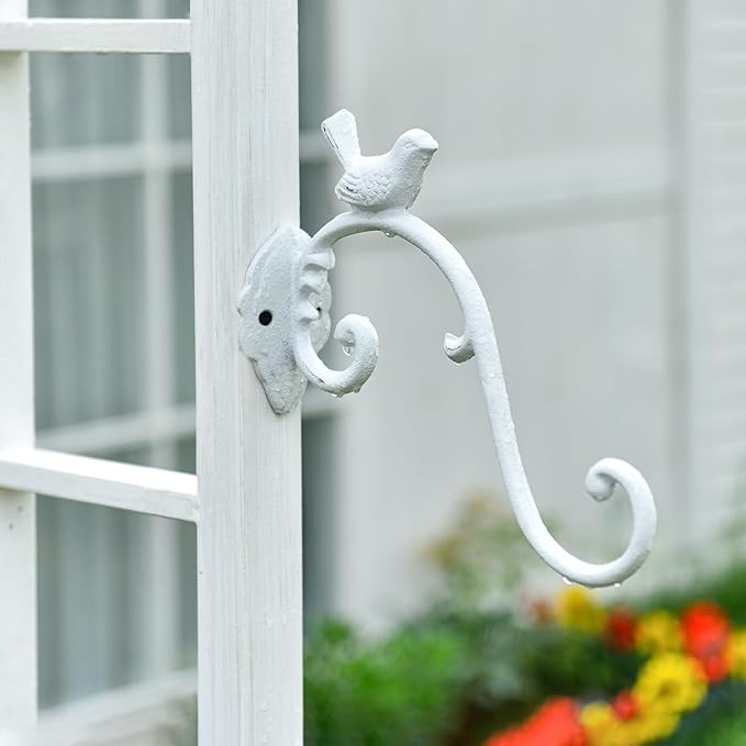 Sungmor Cast Iron Plant Hanger Wall Hooks, Heavy Duty Hanging Basket Brackets, Lovely Bird Shape & 10 inch & 2PC White, Decorative Wall Hangers for Planters Lanterns Bird Feeders Houses Wind Chimes
