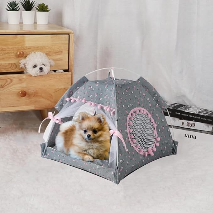 Cat Bed Tents Dog House Indoor Outdoor Lace Mesh Breathable Windows Door Curtains Removable Portable Nest Teepe House (Small,Gray&Pink)
