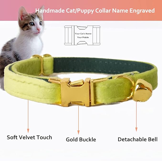 Cat Collar Personalized with Name Engraved and Bell, Customized Velvet Collars for Puppy Kittens (Moss Green, L)