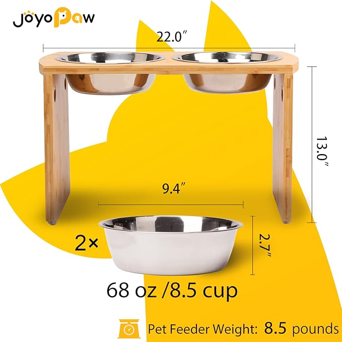 Elevated Dog Bowls, Bamboo Raised Dog Bowl for Large Dogs, with 2 Stainless Steel Bowls (13'' Tall-68oz Bowl, Natural)