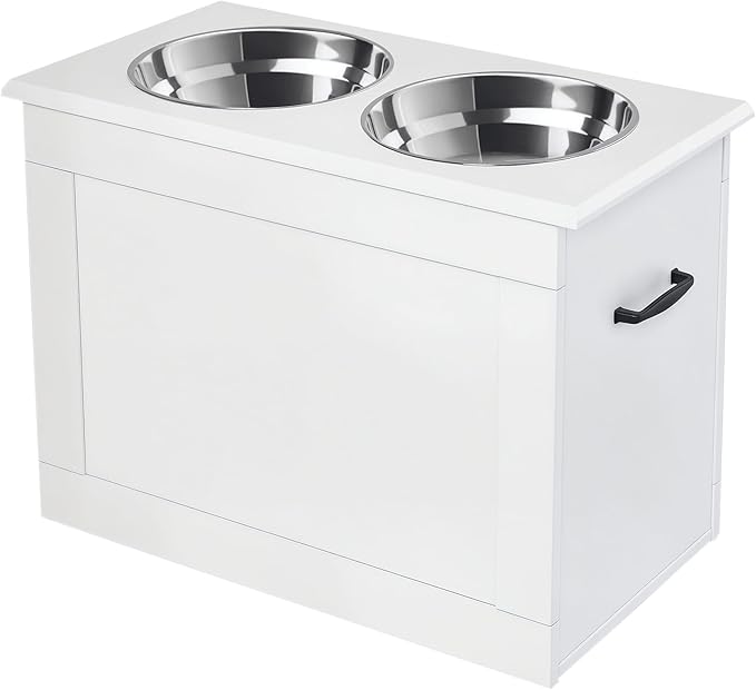 PawHut Raised Pet Feeding Storage Station with 2 Stainless Steel Bowls Base for Large Dogs and Other Large Pets, White