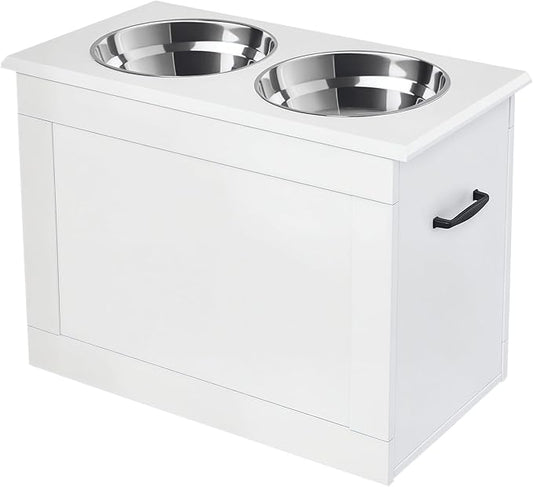 PawHut Raised Pet Feeding Storage Station with 2 Stainless Steel Bowls Base for Large Dogs and Other Large Pets, White