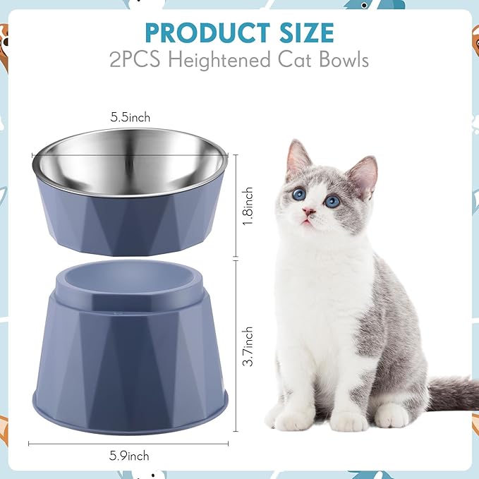 Lallisa Cat Feeder, 2 Pcs Elevated Stainless Steel Bowls with Adjustable Raised Stand, Non-Slip Pet Food and Water Bowl for Cats, Dogs, Hygienic Feeding Eating Pets (Blue, White)