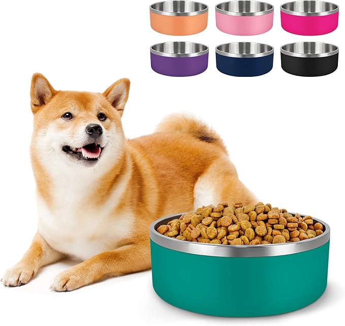 LIHONG Stainless Steel Dog Bowls for Small Medium Sized Dogs Non Slip,Insulated Dog Bowl,Pet Bowl for Food and Water,Rustproof(40oz,Deep Green)