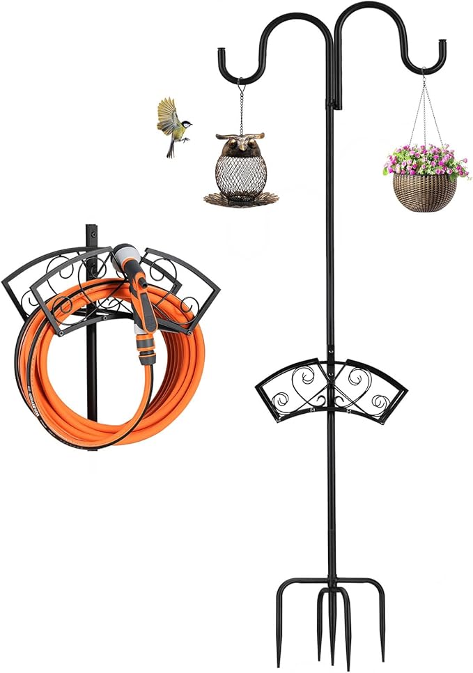 Double Shepherds Hooks for Outdoor, Upgraded Heavy Duty Bird Feeder Pole, Freestanding Hose Stand Adjustable Water Hose Holder with 5 Prongs Base, Thickened Garden Hooks for Outside Yard Lawn