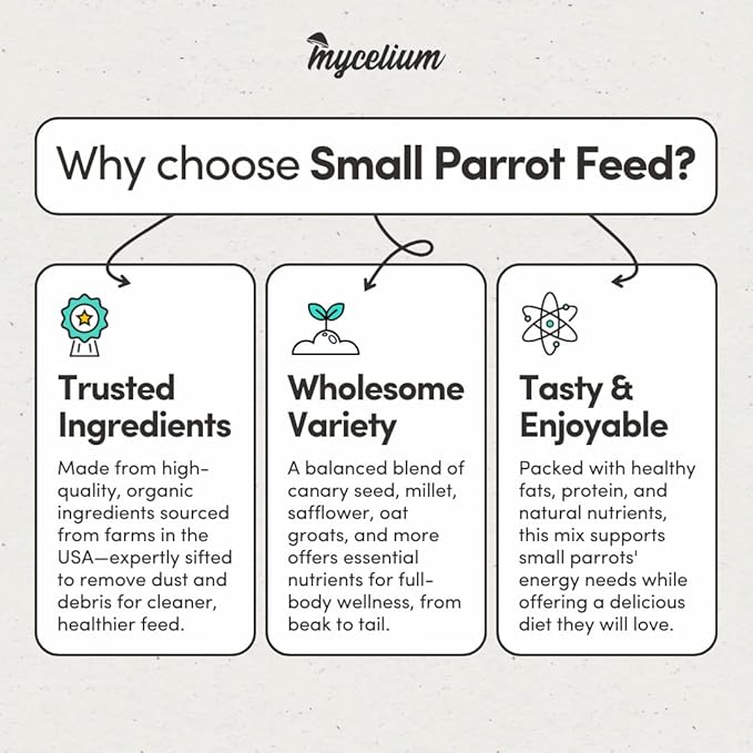 Mycelium Organic Small Parrot Bird Seed (5 LB Bag) | High-Energy Bird Food w/Premium Seeds & Grains for Skin & Feather Health | Daily Nutrition for Parrotlets, Conures & Cockatiel | Non-GMO, USA Made
