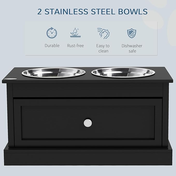 PawHut Large Elevated Dog Bowls with Storage Drawer - 11L Capacity, Raised Dog Bowl Stand Feeding Station, Black