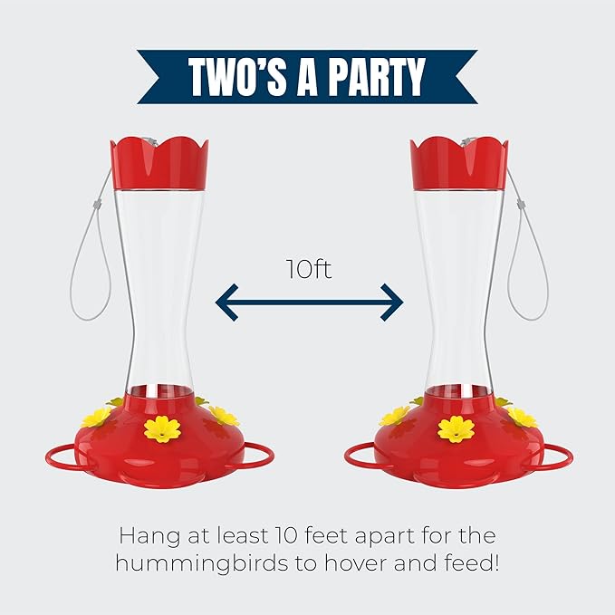 MEKKAPRO Two-Pack Hummingbird Feeders for Outdoors Hanging Made from Glass, 10oz, Hanging 5 Nectar Feeding Stations, Top Fill Hummingbird Feeder, Bright Red, Backyard Feeder (10 Ounce - 2 Pack)
