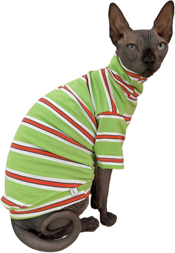 Vintage Stripes Sphynx Hairless Cats Shirt Cotton Cat Turtleneck Pet Clothes Kitten T-Shirts with Sleeves for Sphynx Cornish Rex, Devon Rex, Peterbald (Orange & Green, X-Large (Pack of 1))