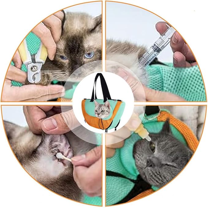 Adjustable Cat Bathing Bag Anti-Bite & Anti-Scratch Bath Washing Mesh Grooming Bag Shoulder Pet Carrier Hands-Free Bag for Small Cats