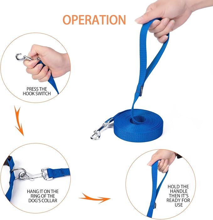 Strong Durable Nylon 15ft Long Dog Training Leash, Traction Rope, 1 Inch Wide, for Small and Medium Dog (Blue, 15 Feet)