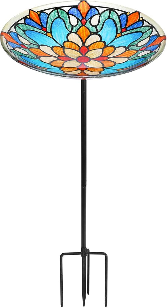 DREAM GARDEN Glass Bird Baths for Outdoors, Garden Birdbaths Birdfeeder 10" Dia Bowl with Metal Stake for Lawn Yard Decor, 24 Inch Height, Flower