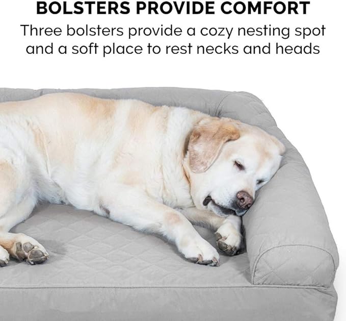 Furhaven Cooling Gel Dog Bed for Large Dogs w/ Removable Bolsters & Washable Cover, For Dogs Up to 95 lbs - Two-Tone Plush Faux Fur & Suede L Shaped Chaise - Stone Gray, Jumbo/XL
