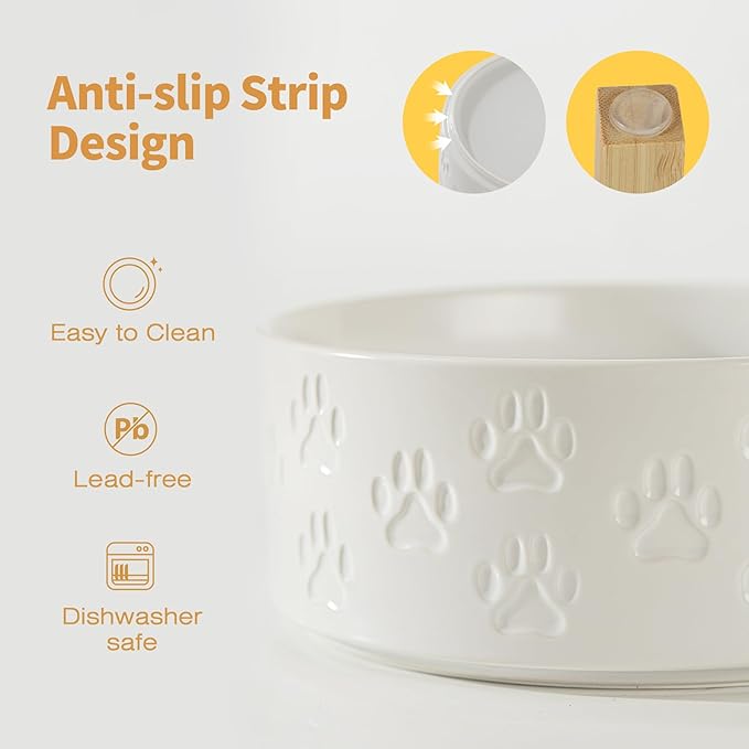 Elevated Ceramic Dog Bowls 2 Pack, 6.1" Individual Dog Bowl with 2 Fixed Height Stand, 3.5 Cup Food and Water Bowls for Small Dogs, Microwave Safe (Double Bowls + Double Stands - White, 6 inch)